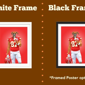 May include: Framed poster options showing a Boxer dog in a football uniform with the number 87. The poster is available in a white or black frame. The background is red, and the dog is holding a football helmet.