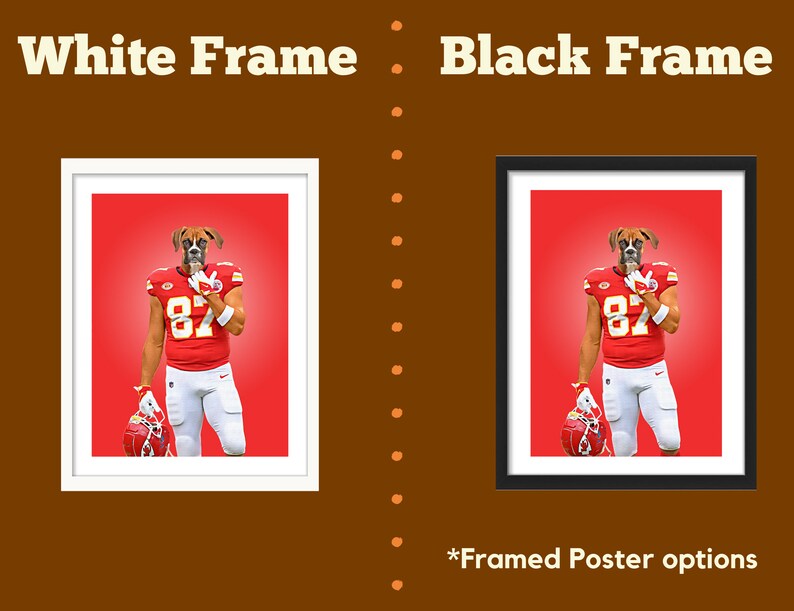 May include: Framed poster options showing a Boxer dog in a football uniform with the number 87. The poster is available in a white or black frame. The background is red, and the dog is holding a football helmet.