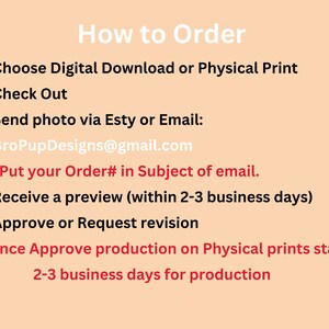 May include: A peach-coloured graphic with the text "How to Order" at the top. The text details the steps for ordering a digital download or physical print, including sending a photo via Etsy or email, and receiving a preview.