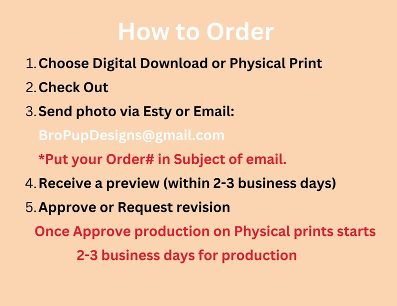 May include: A peach-coloured graphic with the text "How to Order" at the top. The text details the steps for ordering a digital download or physical print, including sending a photo via Etsy or email, and receiving a preview.