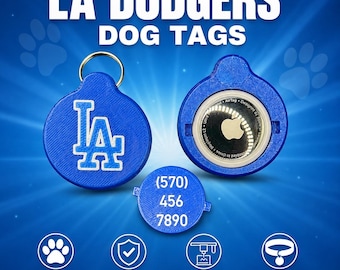 LA Dodgers AirTag hundbricka | Anpassad hållare för husdjursspårning med telefonnummer | 3D-utskriven hund-ID-bricka