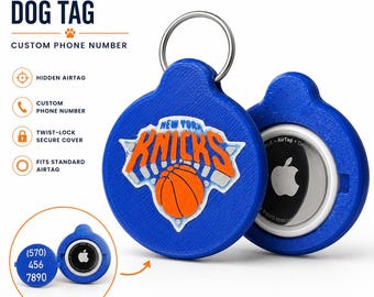 New York Knicks AirTag hundbricka | Personlig ID-bricka för husdjur | Dold AirTag-hållare för hundar | Anpassad halsbandsbricka med telefonnummer