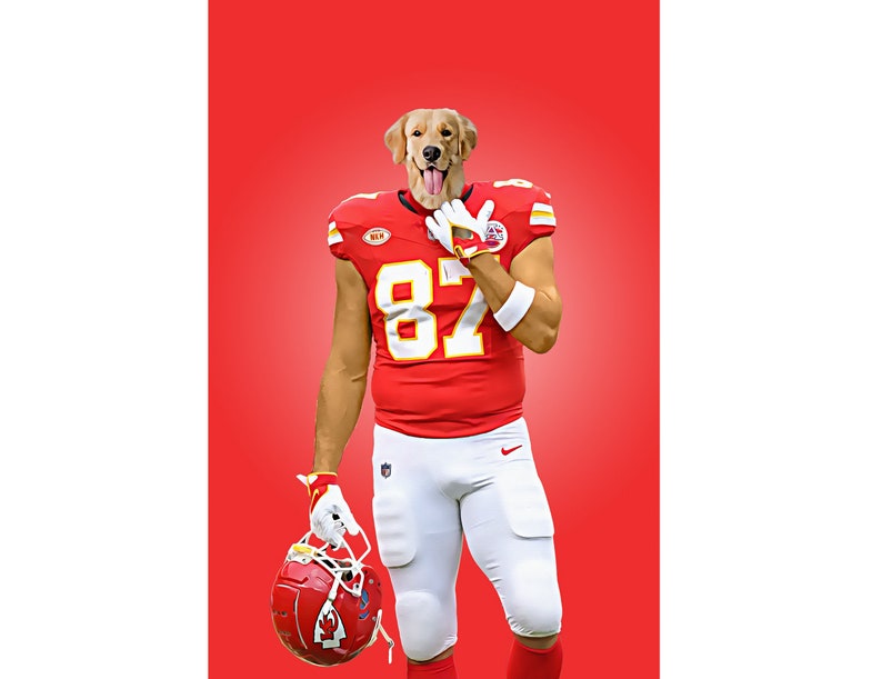 May include: A digital illustration of a Golden Retriever wearing a red and white American football uniform with the number 87. The dog is holding a red helmet against a red background.