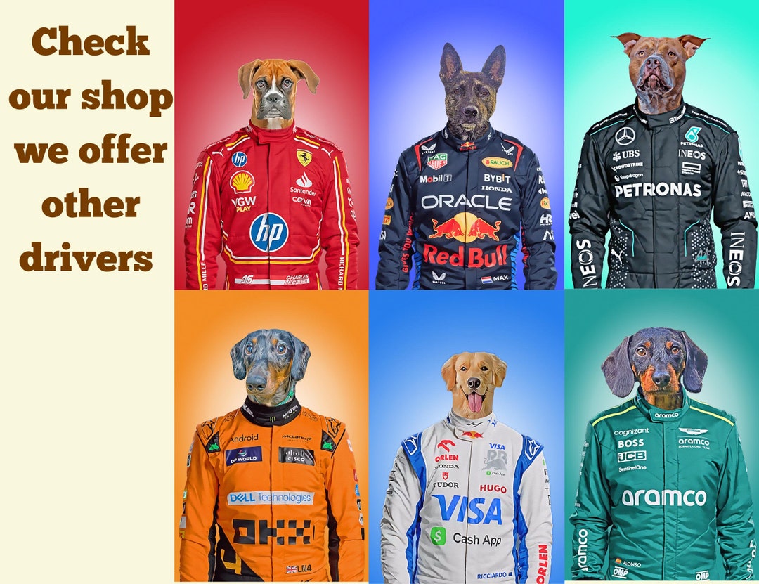 Custom Pet Portrait in F1 Driver's Uniform Personalized Formula 1 Dog ...