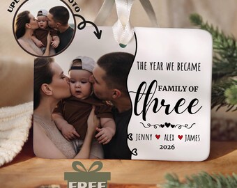 Personalized First Christmas as a Family of Three Photo Ornament, Custom New Parents Keepsake Gift