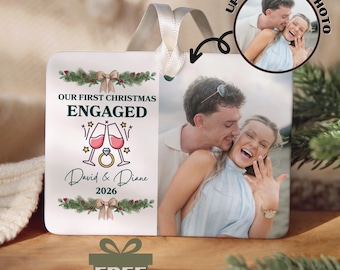 Personalized Engagement Photo Ornament, Our First Christmas Engaged, Newly Engaged Couple Keepsake Gift