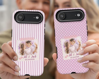 Personalized Watercolor Portrait iPhone Case, Custom Name Striped / Polka Dot Phone Cover, MagSafe Compatible