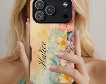 Custodia personalizzata per iPhone con motivo floreale ad acquerello, custodia MagSafe personalizzata