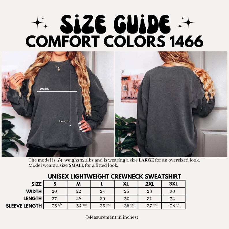 Pu&ograve; includere: Felpa girocollo leggera unisex grigio scuro. L'immagine include una guida alle taglie con misure in pollici per le taglie dalla S alla 3XL. Il testo "SIZE GUIDE COMFORT COLORS 1466" &egrave; in alto.