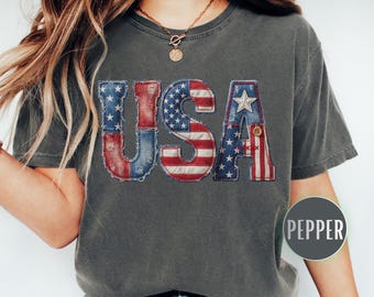 Comfort Colors® USA Shirt, FAUX Patchwork 4th Of July T-Shirt, 250th Anniversary Tshirt, American Flag Patriotic Tee, Print Only Not a Patch
