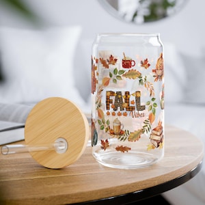 Fall Vibes Glass Can Cup: Cozy Autumn Drinkware with Bamboo Lid, 16 oz Tumbler
