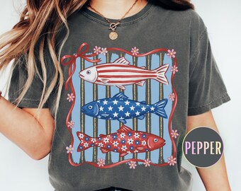 Comfort Colors® Patriotic Coastal Summer Shirt, Red White Blue Fishing Graphic Tee, Trendy Americana Nautical T-shirt