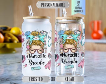 Personalized Nurse Life Glass Tumbler, Engraved Bamboo Lid, 16oz Beer Can Cup