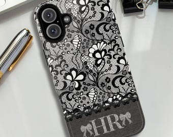 Personalized Vintage Lace iPhone Case, Custom Name/Monogram Romantic Coquette Phone Cover, MagSafe Compatible