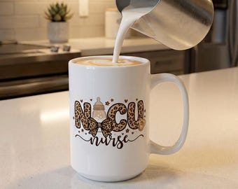 NICU Nurse Coffee Mug, Retro Leopard Neonatal Intensive Care Unit Ceramic Cup (11oz & 15oz), RN Graduation Gift