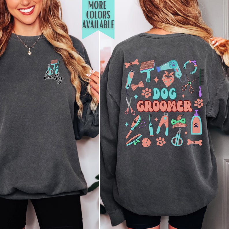 Personalized Dog Groomer Shirt, Custom Name Pet Grooming Salon Apparel, Comfort Colors® Cotton Unisex Lightweight Sweatshirt immagine 1