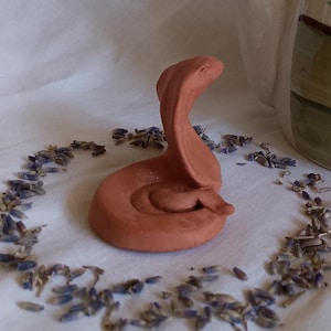 May include: A terracotta-colored cobra figurine, coiled and upright, set against a white backdrop. Dried lavender buds are scattered around the base of the cobra, creating a naturalistic, earthy aesthetic. The cobra's hood is raised.