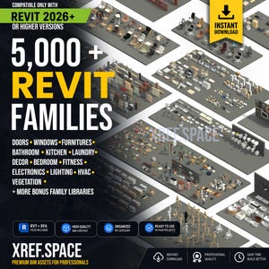 May include: A digital collection of 5,000+ Revit families for Revit 2026+ software, featuring categories like doors, windows, furniture, bathroom, kitchen, laundry, decor, bedroom, fitness, electronics, lighting, HVAC, and vegetation assets.