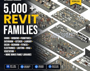 May include: A digital collection of 5,000+ Revit families for Revit 2026+ software, featuring categories like doors, windows, furniture, bathroom, kitchen, laundry, decor, bedroom, fitness, electronics, lighting, HVAC, and vegetation assets.