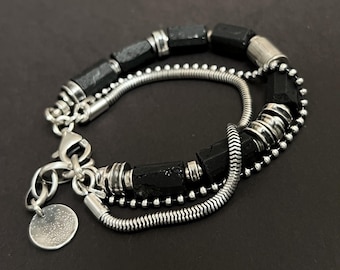 Sterling silver and raw tourmaline bracelet.  Black and silver bracelet with chains. Gift for him.
