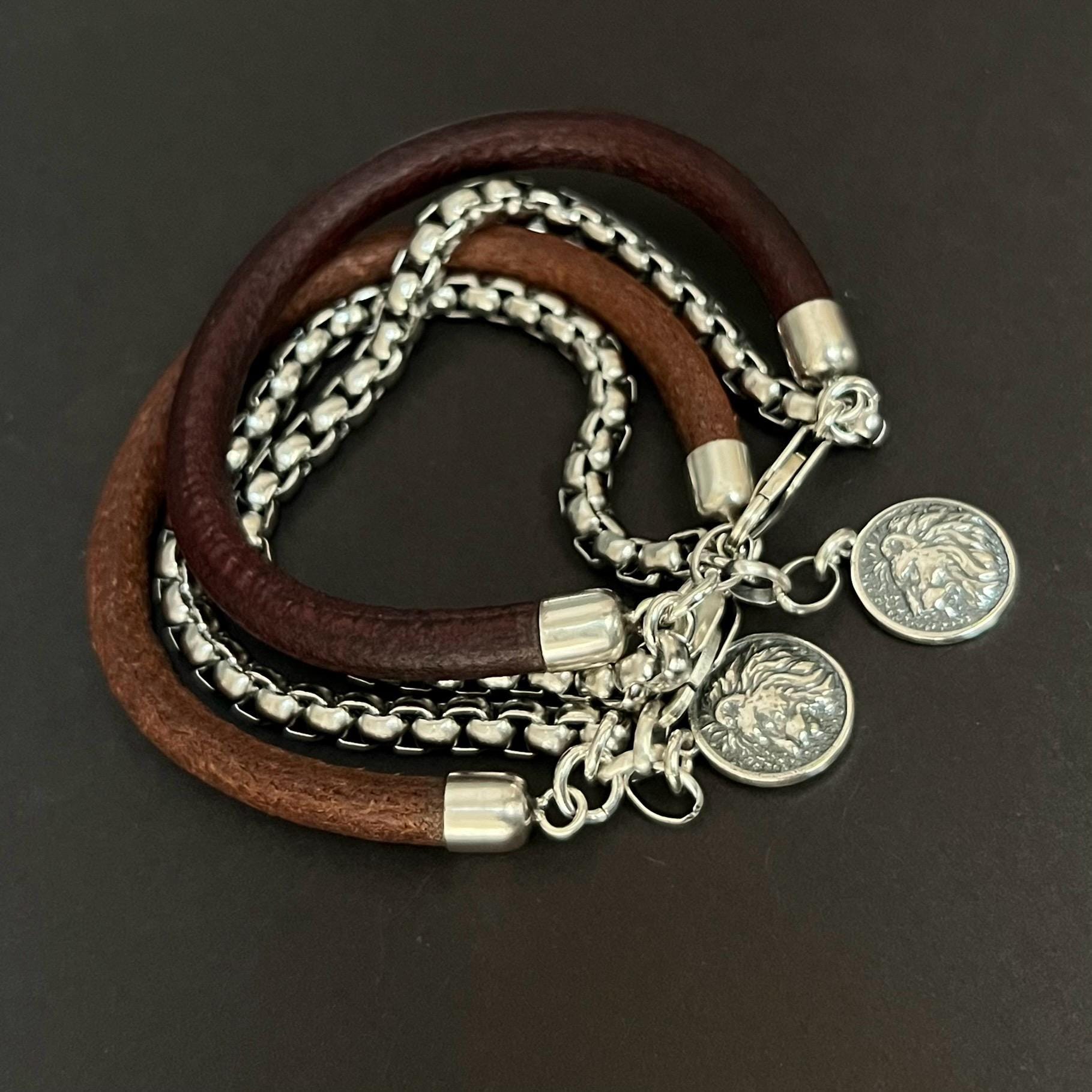 Leather and silver lion bracelet. Jewelry for him. Lion medallion brown leather cord jewelry.