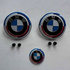 50th Anniversary Blue BMW Emblem Set: Hood 74mm, Trunk 74mm, Steering Wheel 44mm