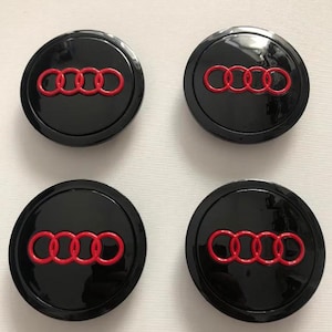 4 Stück (Set) Radnabenkappen für Audi 69 mm - 2,72 Zoll Schwarz & Rot Glänzend
