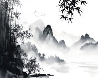 Japanese Ink Wash Painting Sumi-e - Minimalist Wall Art - Zen Inspired Decor - Printable Art Download C