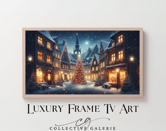 May include: A snowy Christmas scene with a lit Christmas tree in the center of a cobblestone square.  The square is surrounded by quaint buildings with lit windows.  The buildings are decorated with Christmas lights and garlands.  The scene is set at night with a full moon in the sky.