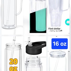 May include: Clear plastic tumblers and mugs in various sizes, including 16 oz, 20 oz, 25 oz, and 30 oz. Some have lids and straws. One tumbler glows. Measurements are provided in inches and ounces.