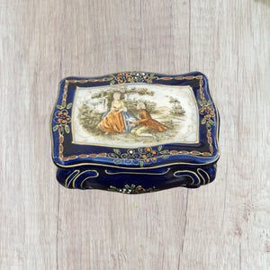 Boîte à bijoux vintage en porcelaine de France avec couvercle - Boîte à bijoux bleu cobalt estampée royale de collection - Bonbonier antique, boîte à bonbons