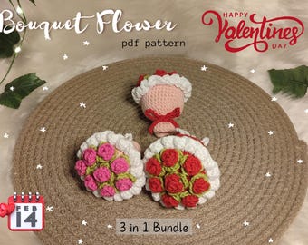 Valentine's Roses Bouquet Crochet Pattern: Amigurumi Flower (PDF Pattern)