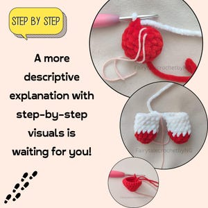 May include: A close-up of three crocheted red and white ornaments. The ornaments are being worked on with a crochet hook and yarn. The text "STEP BY STEP" is in a speech bubble in the upper left corner of the image. The text "A more descriptive explanation with step-by-step visuals is waiting for you!" is in the lower left corner of the image.
