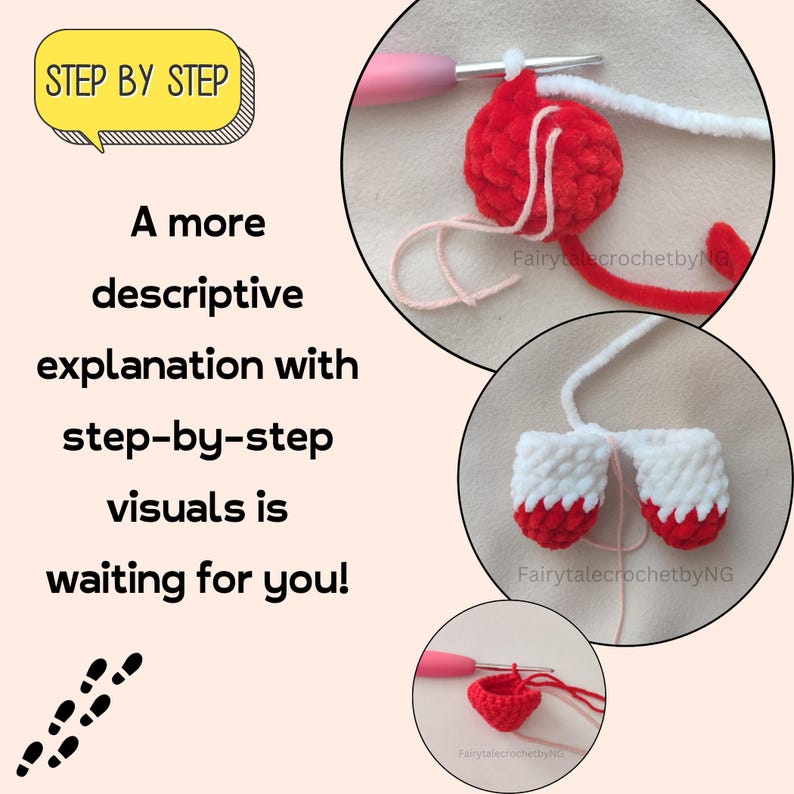 May include: A close-up of three crocheted red and white ornaments. The ornaments are being worked on with a crochet hook and yarn. The text "STEP BY STEP" is in a speech bubble in the upper left corner of the image. The text "A more descriptive explanation with step-by-step visuals is waiting for you!" is in the lower left corner of the image.