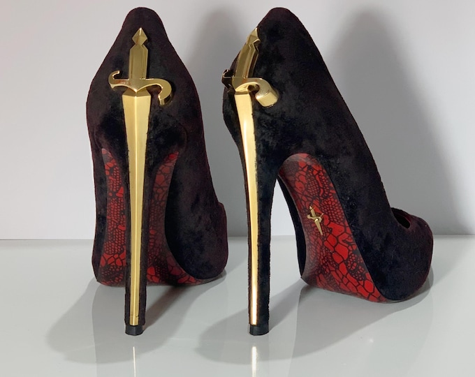 Vintage Cesare Paciotti Lady Blade High Heel Shoes, Heels, Boots Black Velvet and Red Real