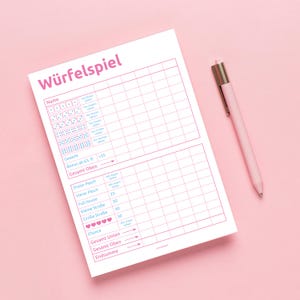 May include: A printable game board for a dice game called "Würfelspiel". The board has spaces for players to record their scores for different dice combinations, including "Dreier Pasch", "Vierer Pasch", "Full House", "Kleine Straße", "Große Straße", and "Chance".