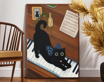 Black Cat on Piano Digital Print | Musical Decor Wall Art | Cute Cat Print for Music Lovers | Modern Home Decoration