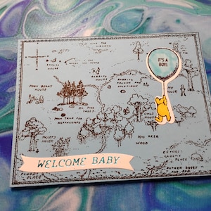 Es un niño, bienvenido nuevo bebé Winnie the Pooh, tarjeta hecha a mano estampada para fiesta de bienvenida al bebé