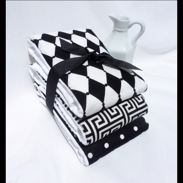 Neutral Baby Gift Burp Cloth Set in Classic Black and White Greek Key and Diamonds on Premium 6 Ply Diapers