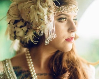 The ALANA Headdress- Custom Made luxe Headband Headdress with Vintage Elements. Fit for a queen.