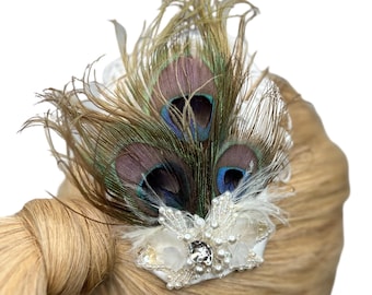 Peacock Feather Bridal Hair Clip, White Ivory Wedding Fascinator