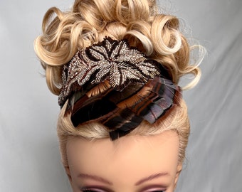 Bronze, Black & Brown Beaded Feather Headband by The House of Kat Swank