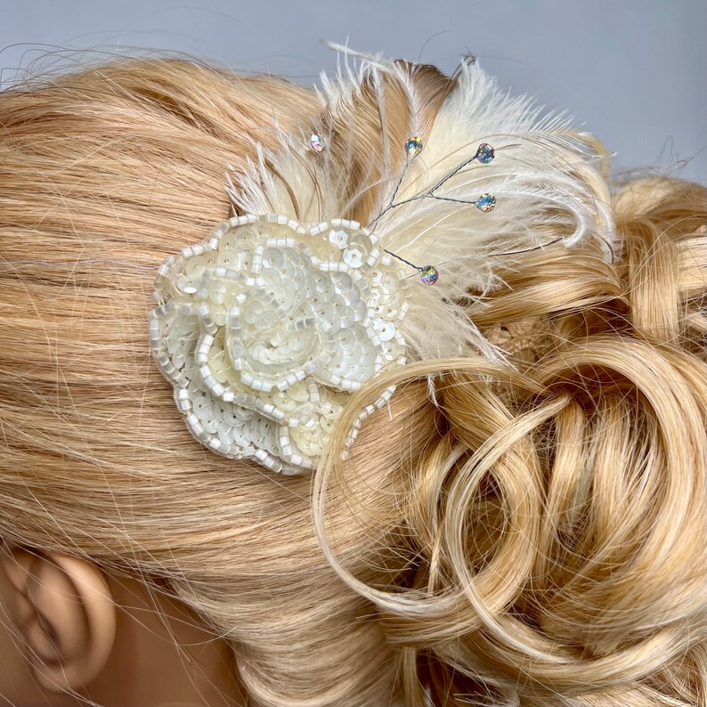 Delicate White and Ivory Beaded Bloom Peacock Hair Clip by The House of Kat Swank. LIMITED EDITION. image 6