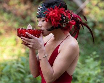 RED Flapper Headdress by Kat Swank- Vintage beaded front piece circa 1920s. Vintage Florals. Adjustable Headband. OOAK. Ready to ship!