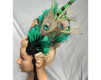 The Envy Hair Clip. Antique Jet Beading in Black and Green, Swarovski and Czech Crystal Beading, Vintage Lace, Feathers.