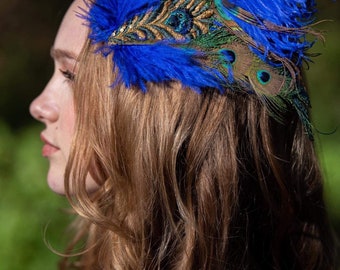 Royal Blue Peacock Feather Hair Clip, Boho Flapper Headpiece
