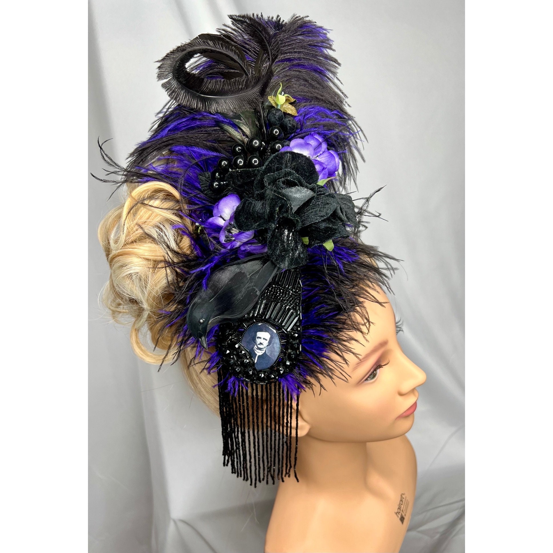Nevermore Fascinator, Antique Beaded Raven Hair Clip, Purple  display picture 2