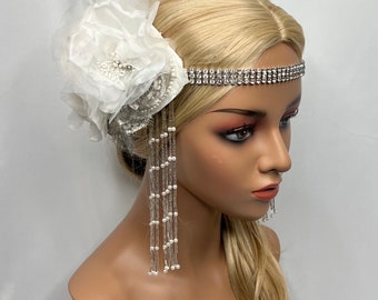 Vintage Silver Lace and White Floral Headband, Vintage Rhinestones by The House of Kat Swank-  Ready to Ship. One of a Kind.