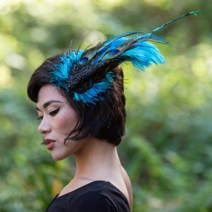 Hair Clip Fascinator - Turquoise & Black - Don’t Be Shy Little Peacock! By The House of Kat Swank. Ready to Ship. One of a Kind.