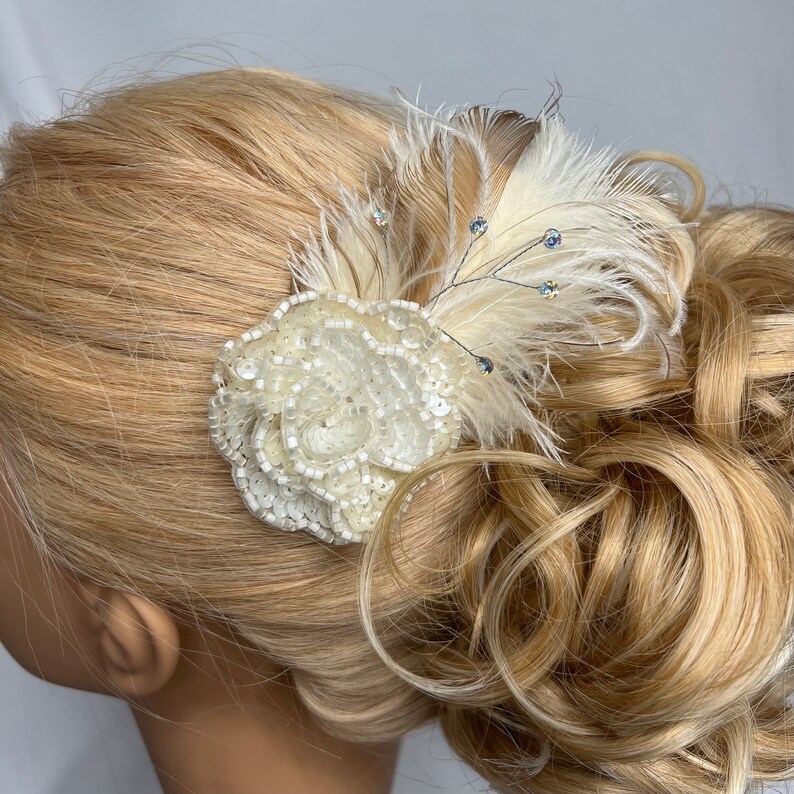 Delicate White and Ivory Beaded Bloom Peacock Hair Clip by The House of Kat Swank. LIMITED EDITION. image 8